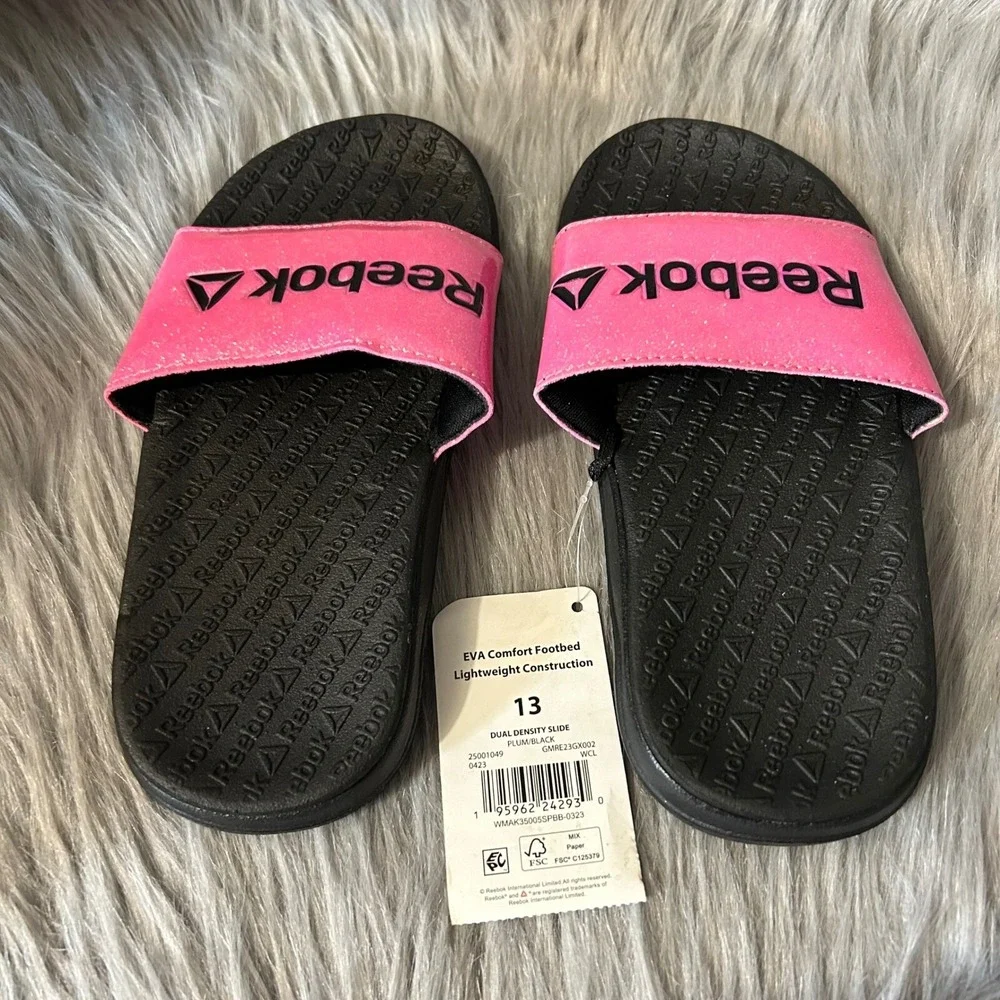 Reebok Slides Girls Size‎ 13 Pink Black Slip On Sandals Shoes Lightweight